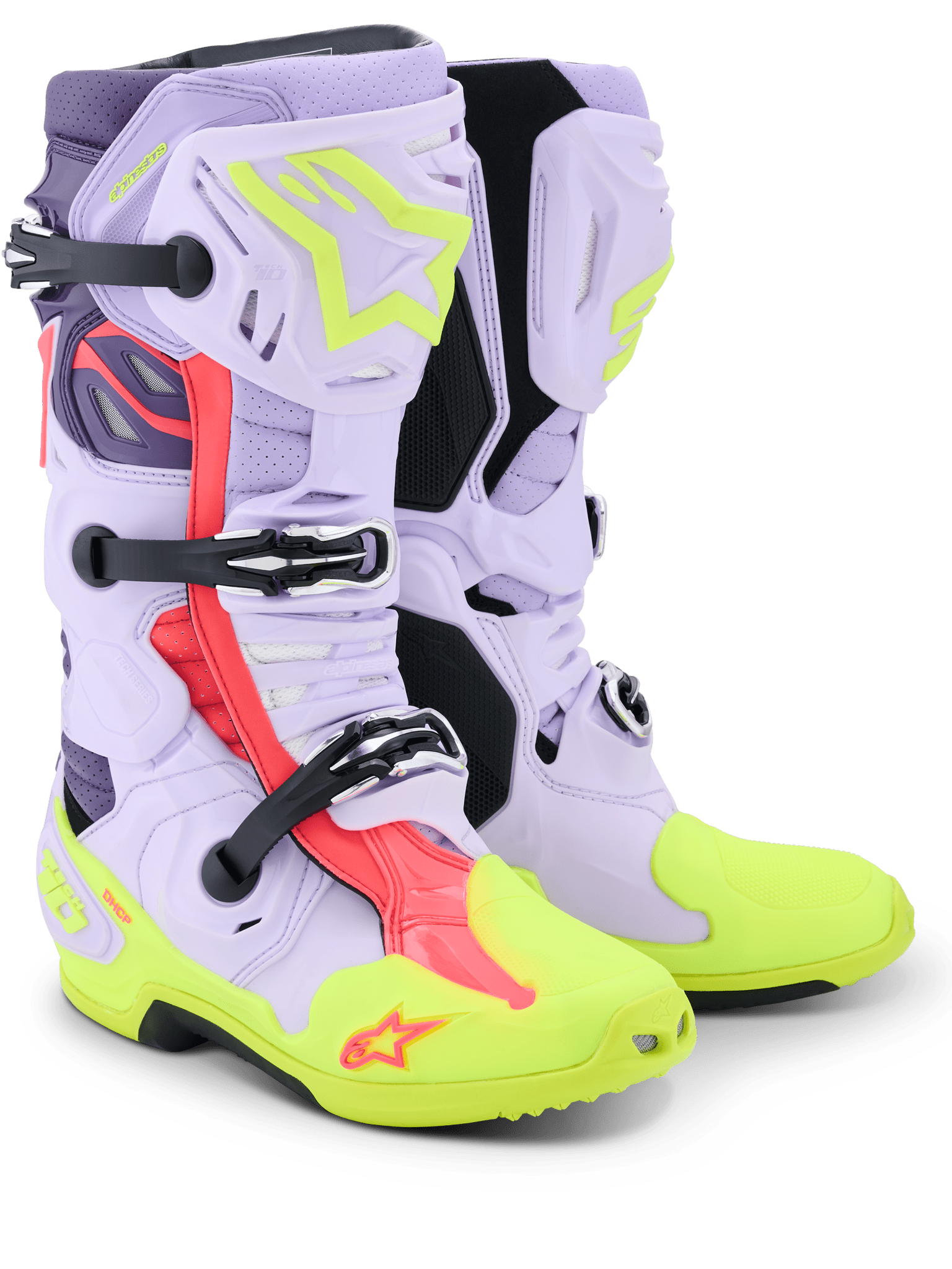Alpinestars Tech 10 Superventierte Motocrossstiefel, belüftet, Farben Lila, Gelb und Fluoro Pink - MxProStoreParts