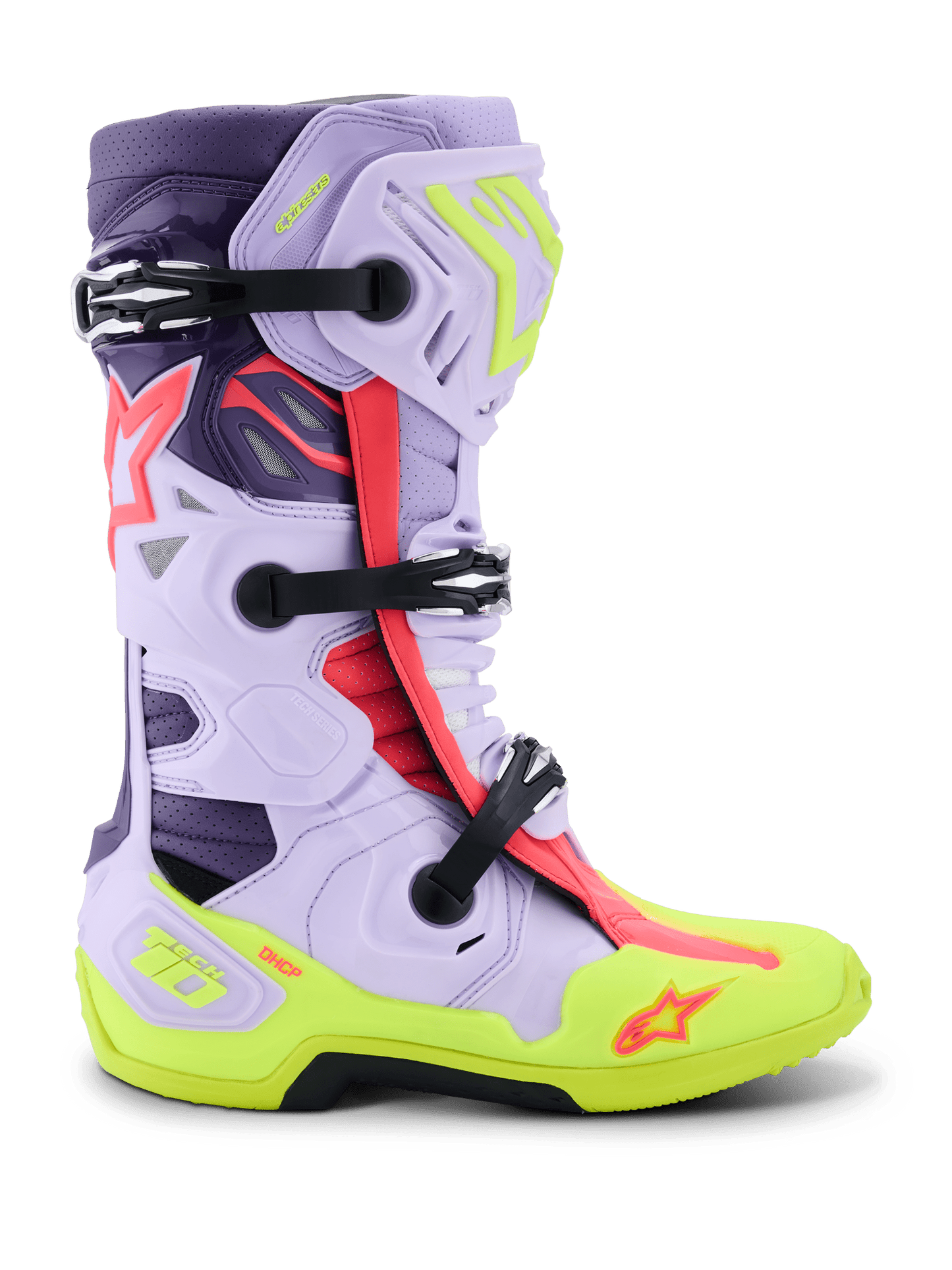 Alpinestars Tech 10 Supervented gelüftete Stiefel in Lila, Gelb und Leuchtend Pink - MxProStoreParts
