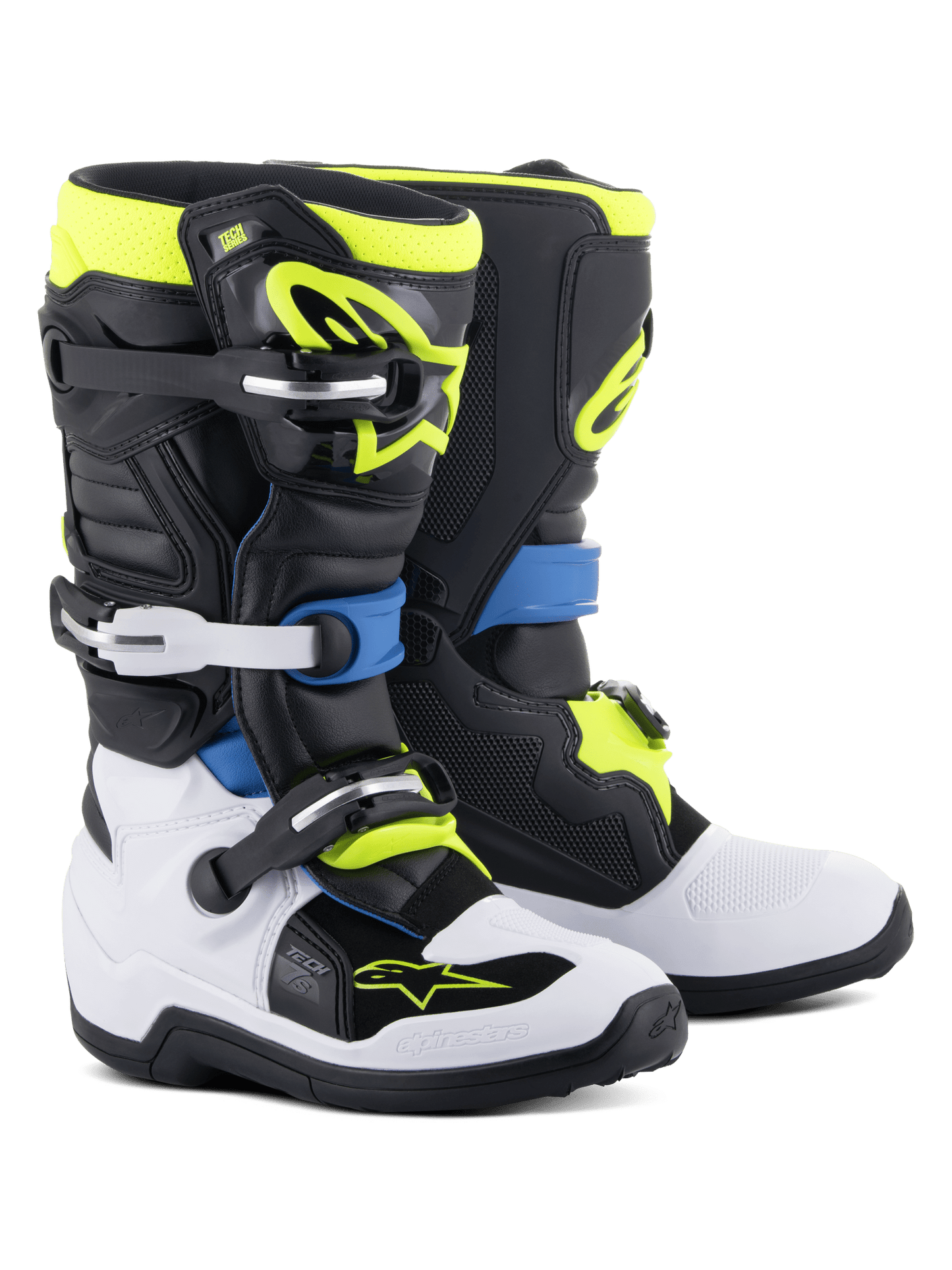 Alpinestars Youth Tech 7S Motorcrosslaarzen Zwart Blauw Geel Fluo