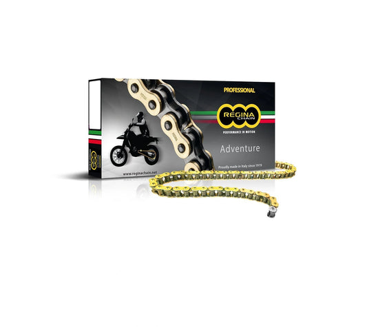 Regina 520 ZRE Z-ring chain with connecting rivet link, gold color, displayed in front of Regina Chain Adventure box