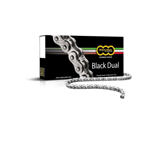 Regina ZRA Z-ring chain Black Dual, silver metal links shown beside a black Regina box