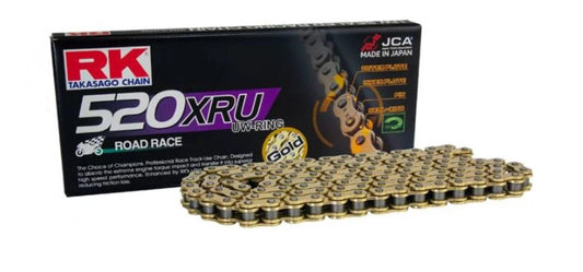 RK 520 XRU UW-ring racing motorcycle chain by RK Japan; gold-tone chain beside the RK box