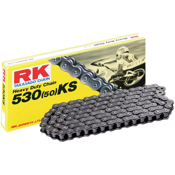 RK 530KS heavy-duty chain by RK Japan; black steel links with yellow packaging box