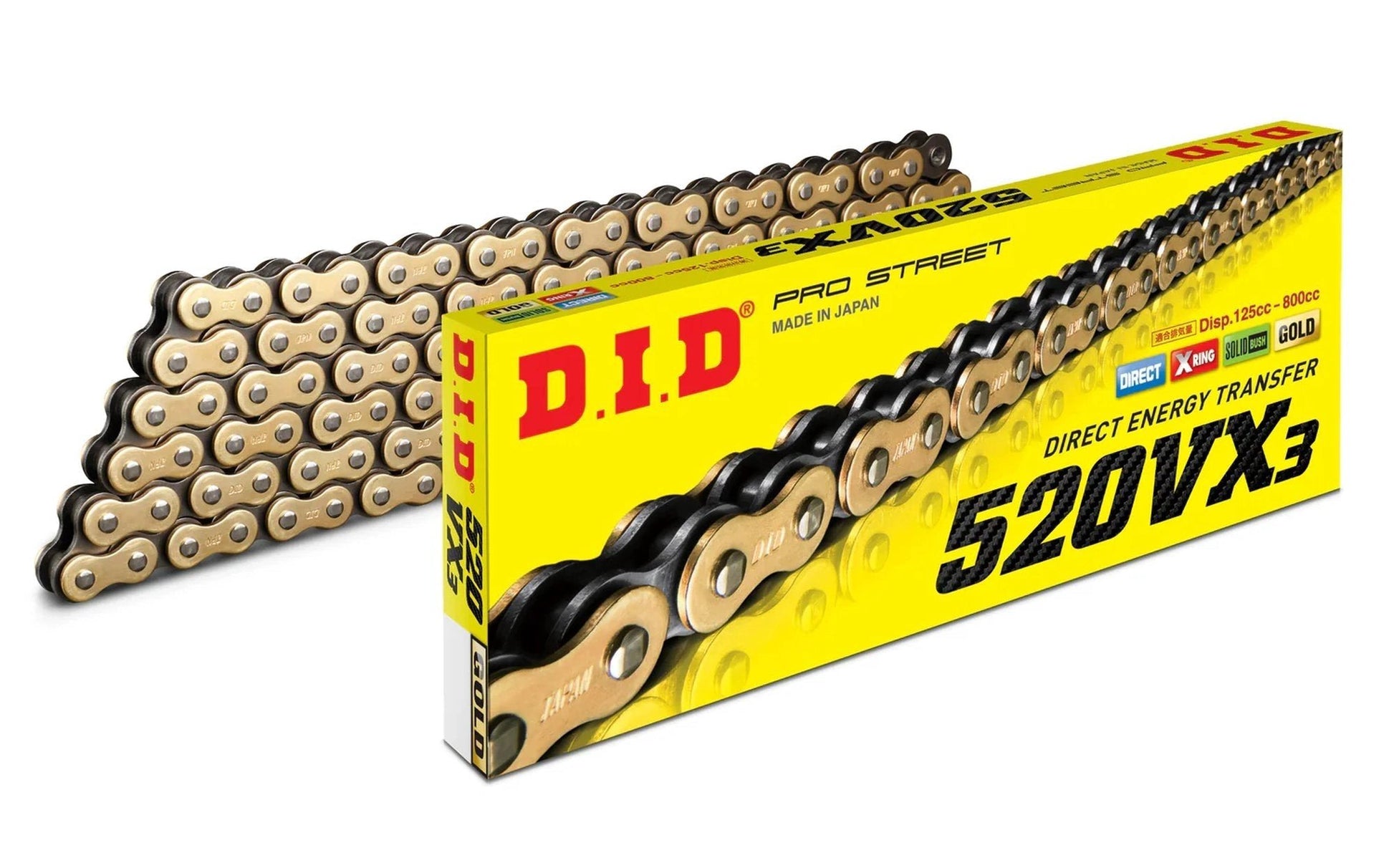 D.I.D 520VX3 G&B motorcycle chain with connecting link on yellow packaging