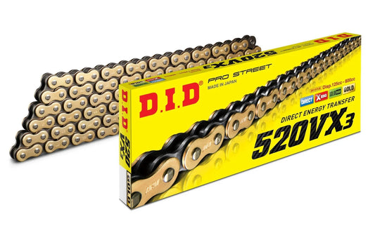 D.I.D 520VX3 G&B chain with connecting link, gold and black links, in yellow box