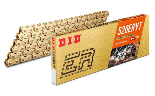 Gold D.I.D 520ERVT chain with connecting link (FJ) beside its box
