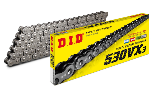 D.I.D 530VX3 motorcycle chain with rivet-type links, silver and black, 2 chains shown