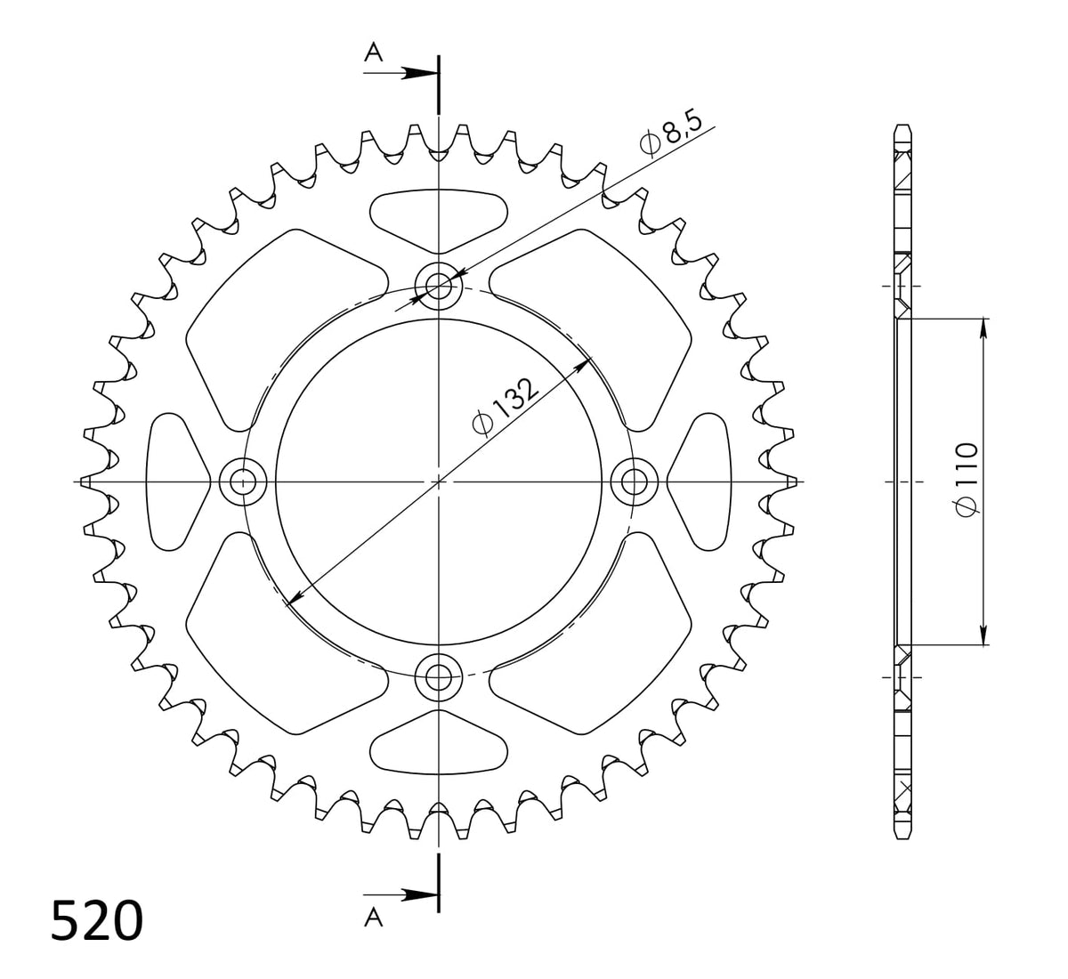 Technische illustratie: Supersprox Rear Sprocket Alu RAL-720:46 Black – RAL-720:46-BLK; uitvoering volgens artikelgegevens