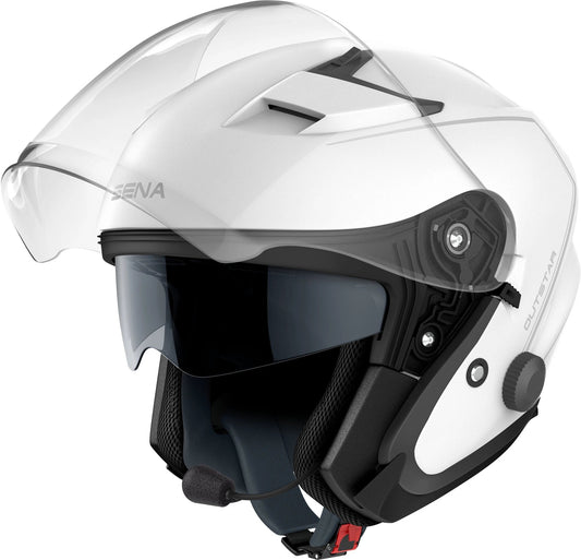 Sena Outstar 2 helmet, white with clear face shield, built-in vents and black trim