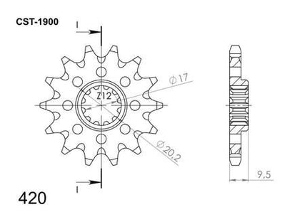 Technische illustratie: Supersprox voortandwiel – CST-1900:12.1; uitvoering volgens artikelgegevens