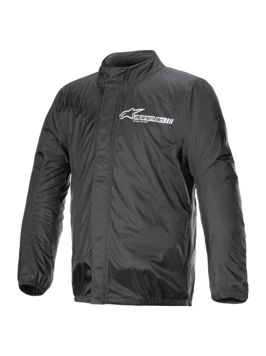 Alpinestars Hurricane Rain V2 Jas, motorregenjas, zwart, voorzien van wit Alpinestars-logo op de borst, hoge kraag, ritssluiting aan de voorzijde met stormflap, elastische manchetten en zoom, waterdicht gelamineerd textiel