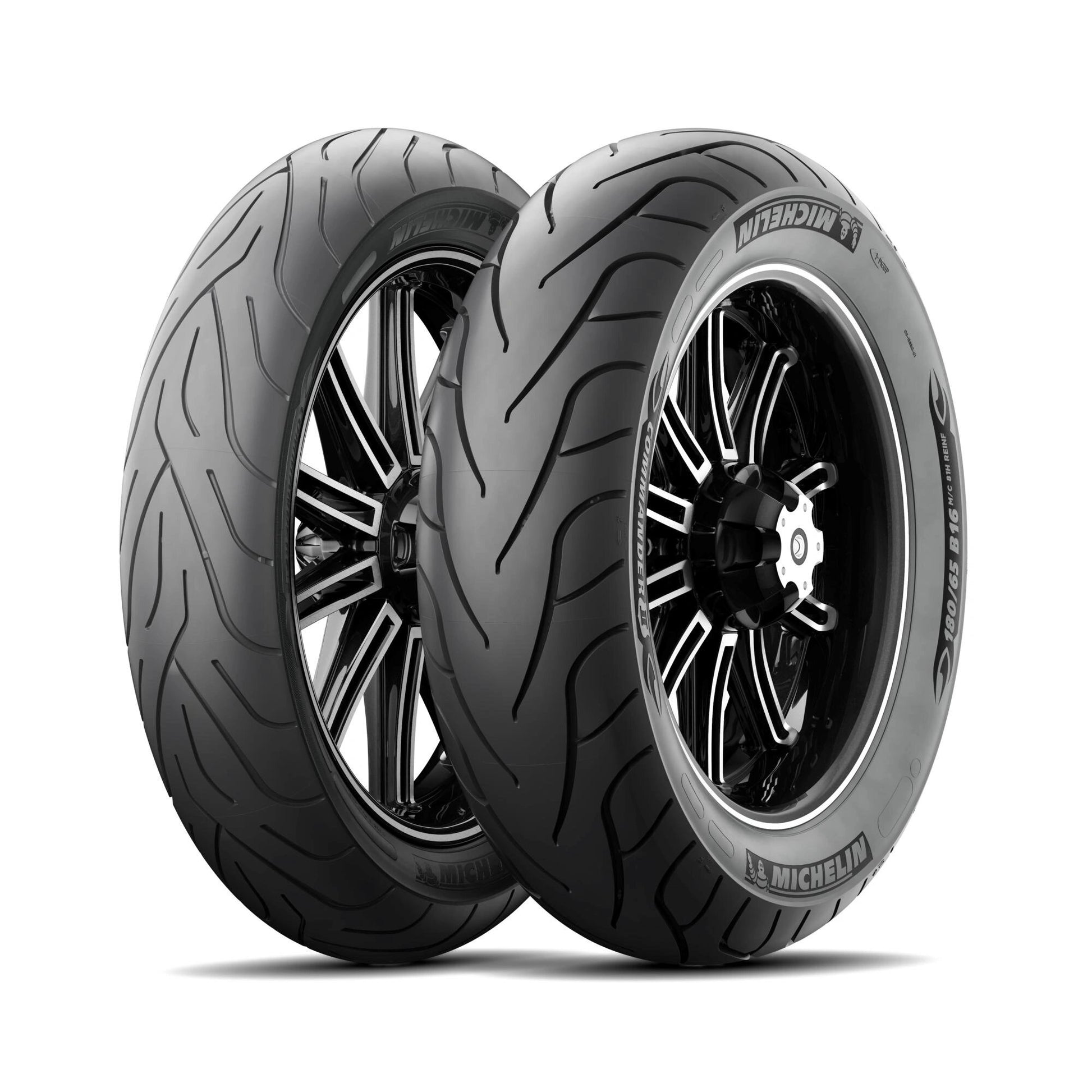 Michelin Commander III Cruiser motorcycle tires, pair, 130/90 B16, reinforced TL/TT, black rims.