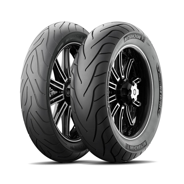 Michelin Commander III Cruiser motorcycle tires, pair, 130/90 B16, reinforced TL/TT, black rims.