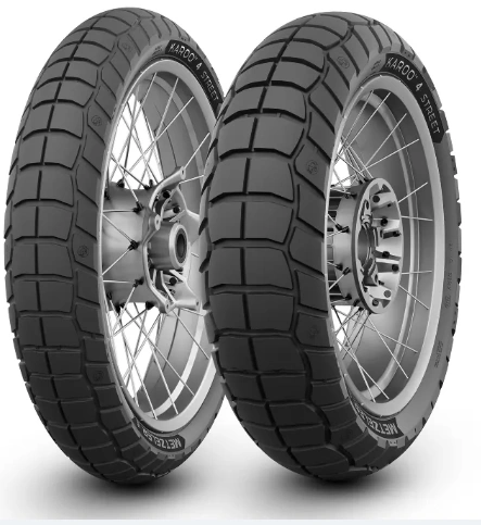 Metzeler Karoo 4 Street motorcycle tires pair, 110/80 R19 M/C 59V TL, black with rugged block tread.