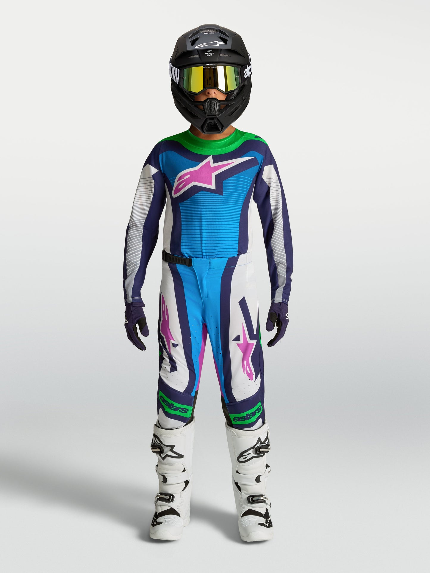 Alpinestars Jeugd Supertech Maven Jersey 2027 Wit Blithe Blue Groen Fluo