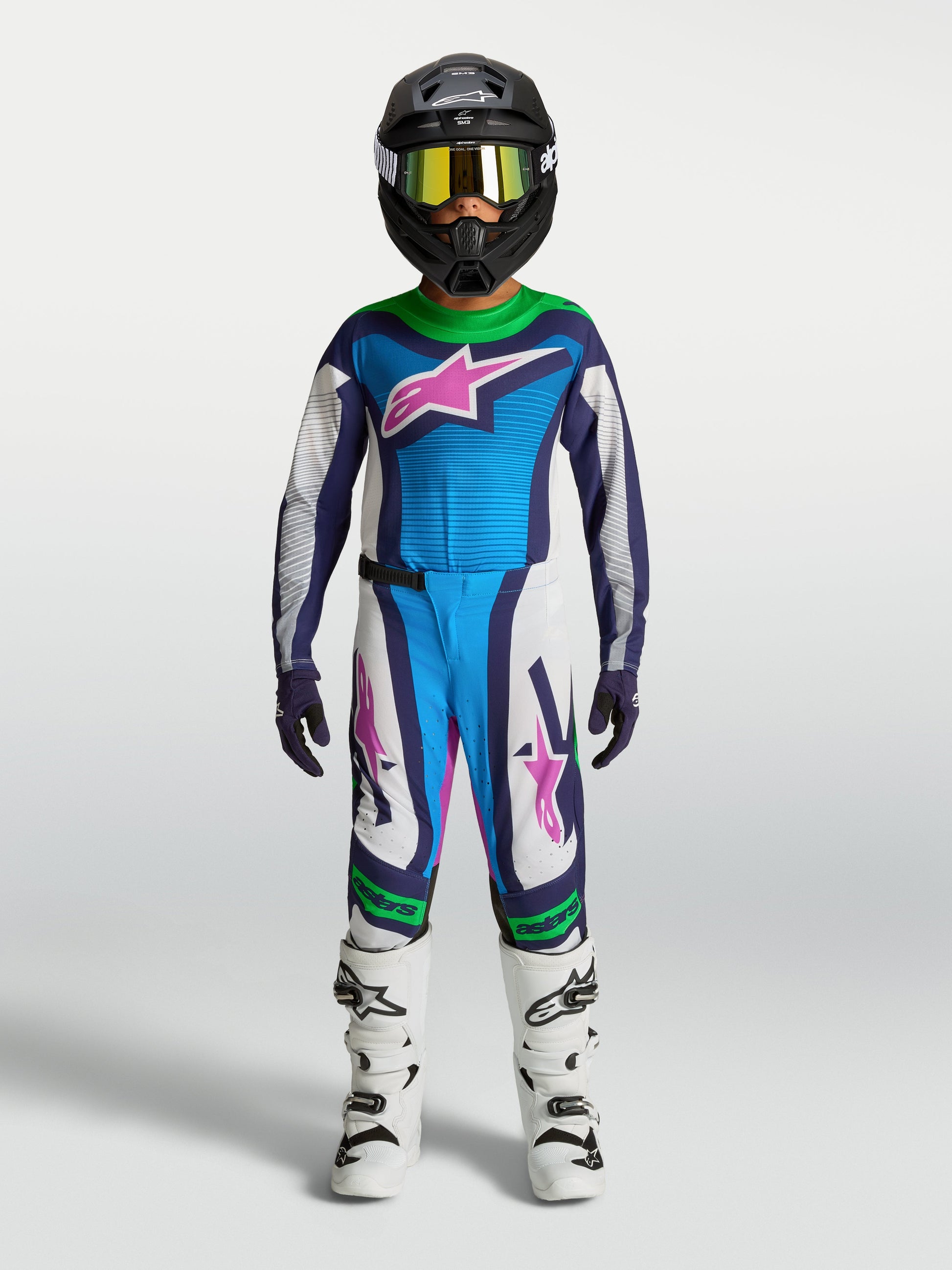 Alpinestars Jeugd Supertech Maven Jersey 2027 Wit Blithe Blue Groen Fluo