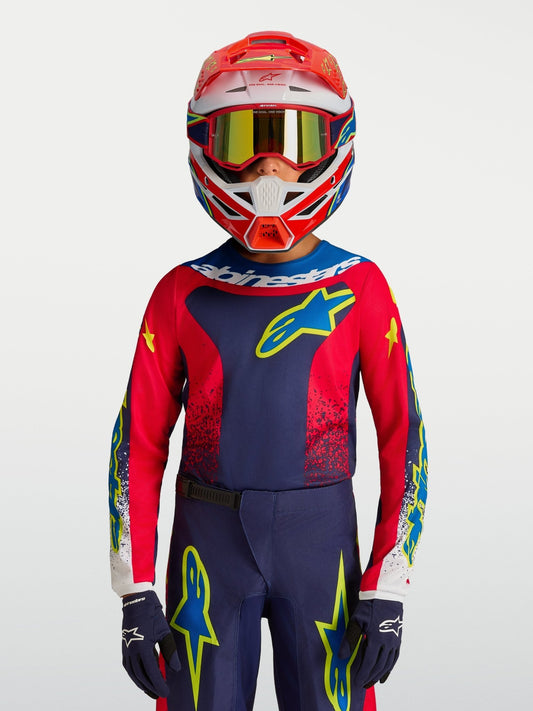 Alpinestars Jeugd Fluid Drag Jersey 2027 Blauw Navy Vuurrood Wit - MxProStoreParts