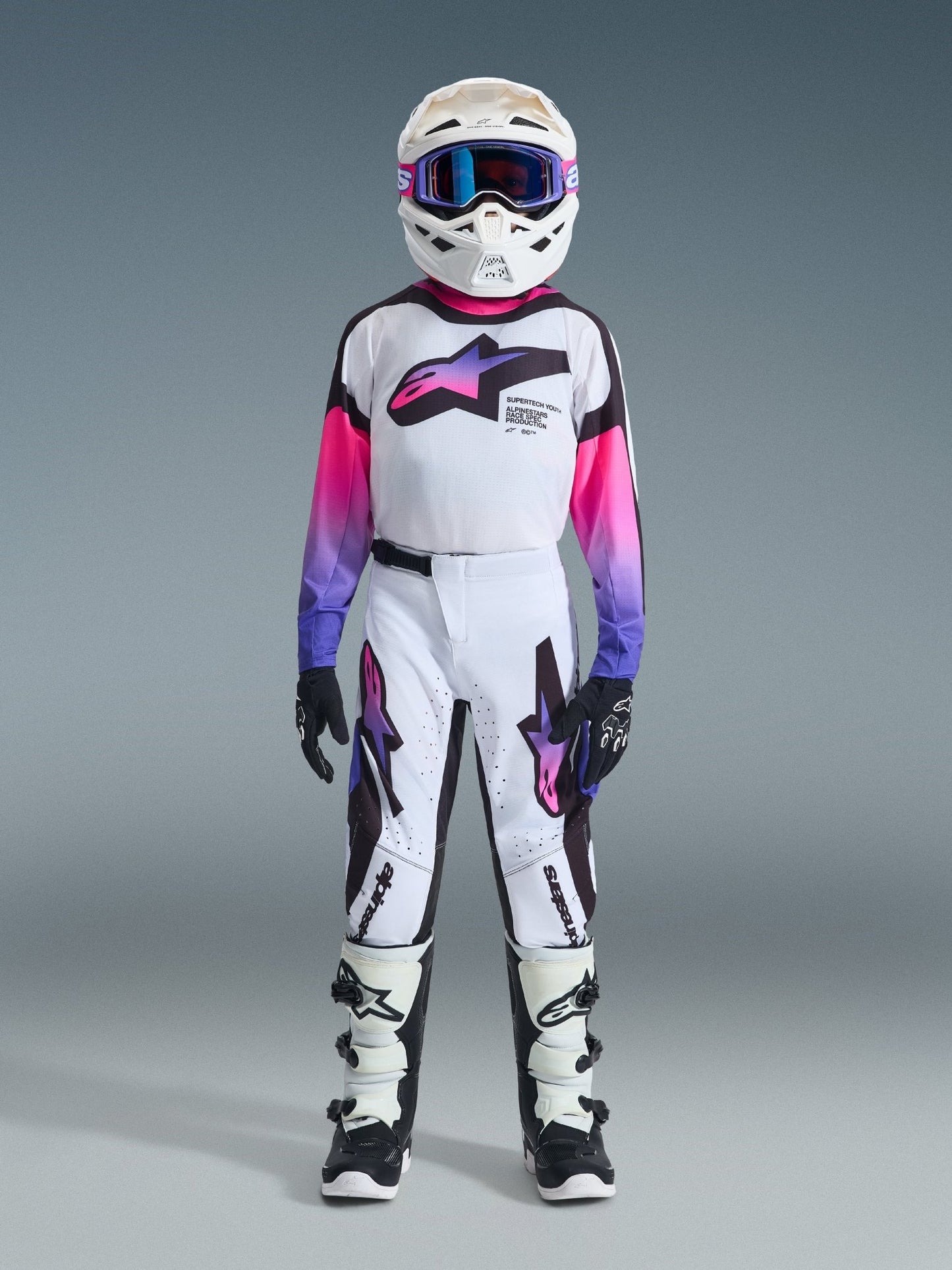 Alpinestars Jugend Supertech Vista Trikot 2026 – Weiß Lila Schwarz - MxProStoreParts
