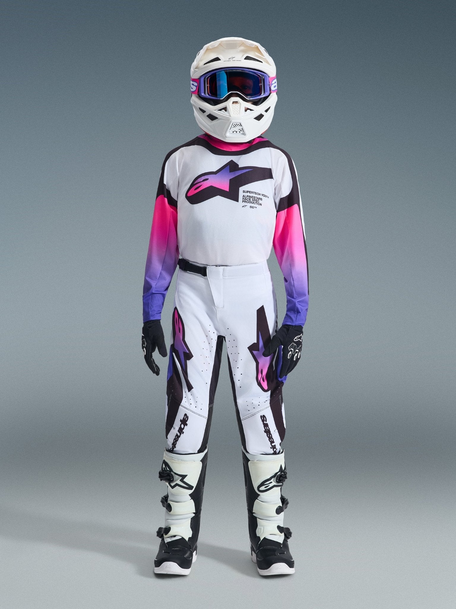 Alpinestars Jugend Supertech Vista Trikot 2026 – Weiß Lila Schwarz - MxProStoreParts
