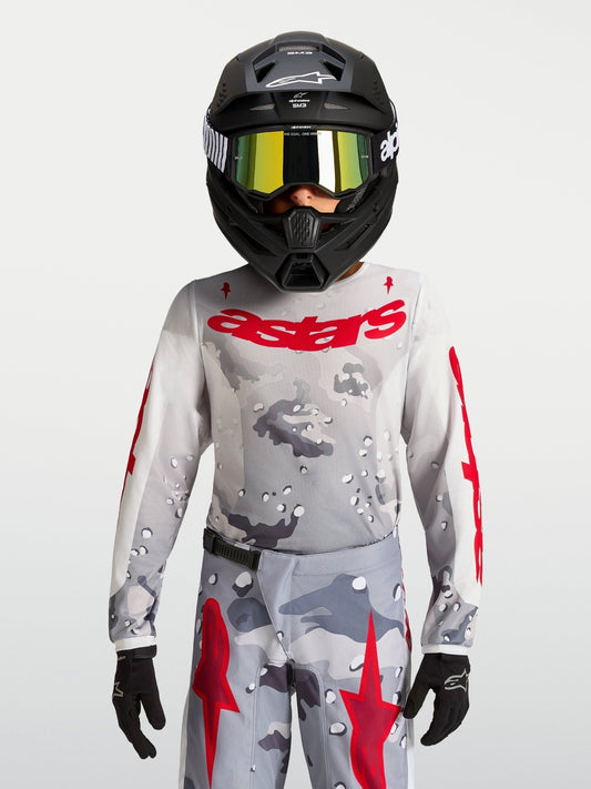 Alpinestars Jeugd Fluid Lone Jersey 2027 Grijs Camo Wit Vuurrood - MxProStoreParts