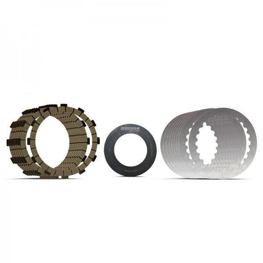 Hinson clutch plates set: brown fiber friction plates, black spacer ring, and stacked silver steel plates
