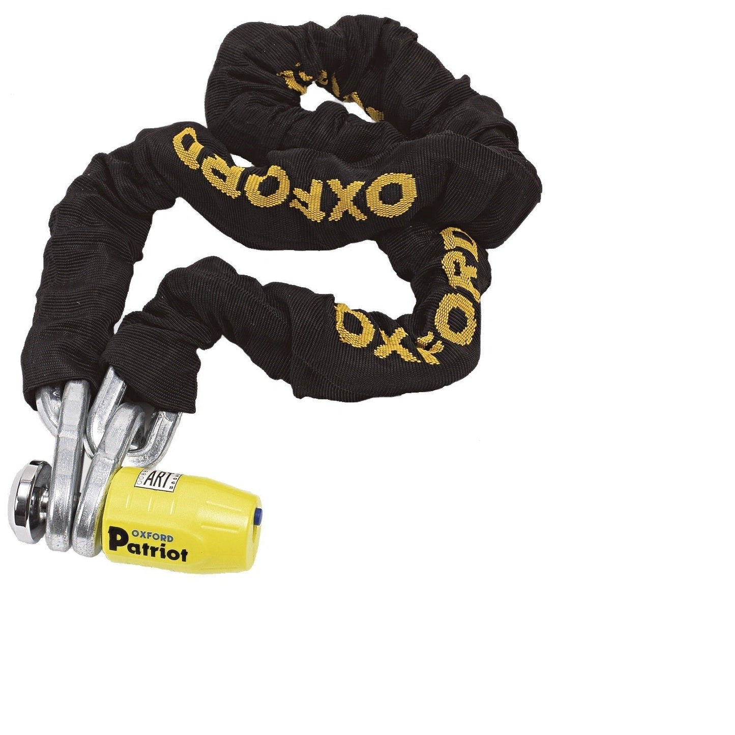 Oxford Patriot chain lock, 1.5m black fabric-wrapped chain with yellow padlock, SSF-approved.