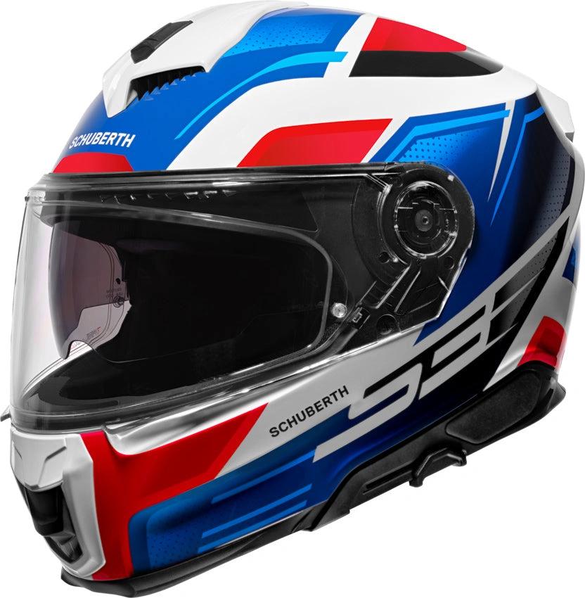 Schuberth S3 Storm Blue motorcycle helmet with clear visor and bold blue-red-white graphics