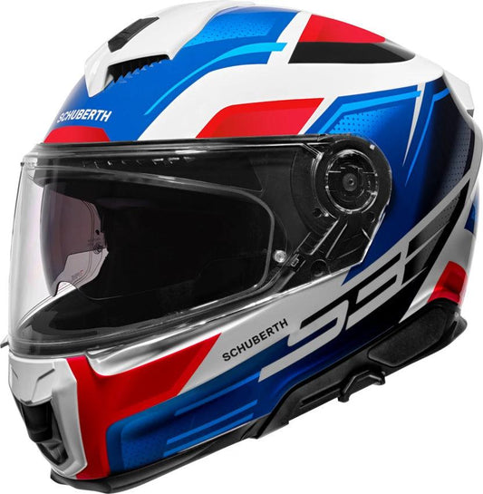 Schuberth S3 Storm Blue motorcycle helmet with clear visor and bold blue-red-white graphics