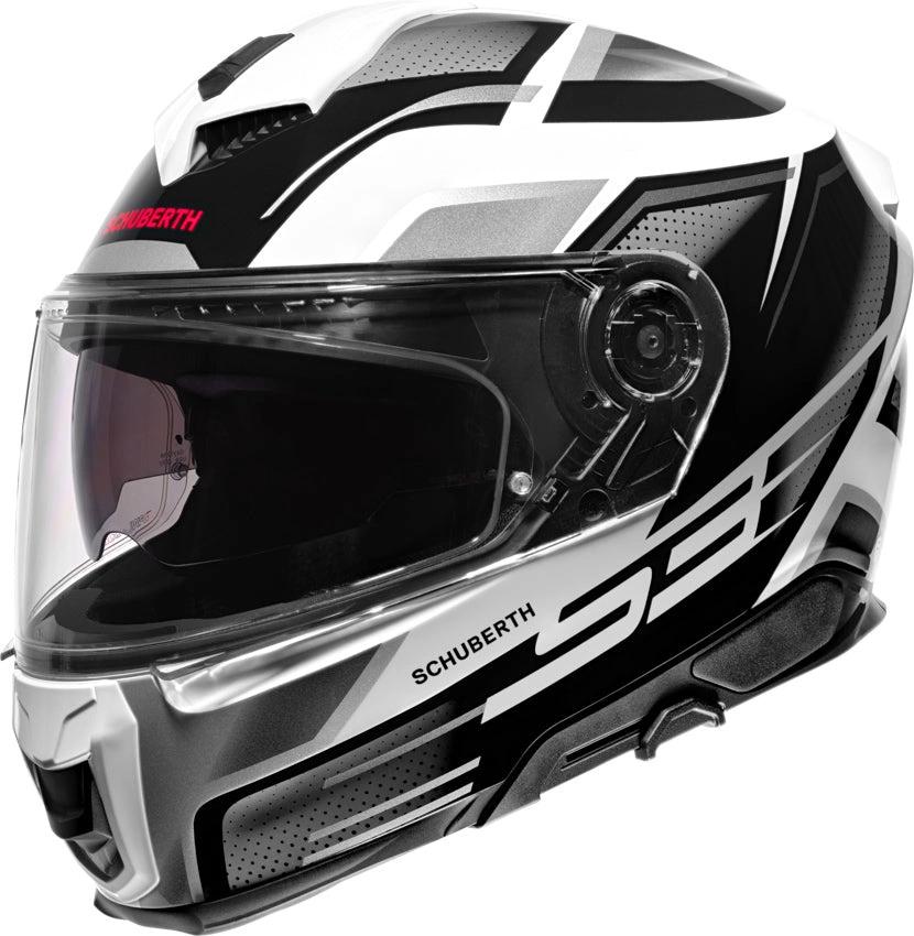 Schuberth S3 Storm Silver motorcycle helmet with bold black/white graphics and clear visor.