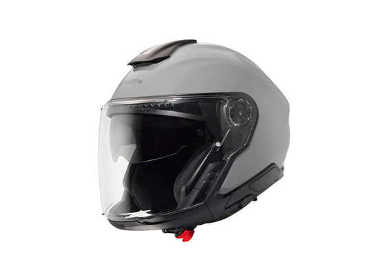 Schuberth J2 helmet, concrete grey with clear visor and red chin strap
