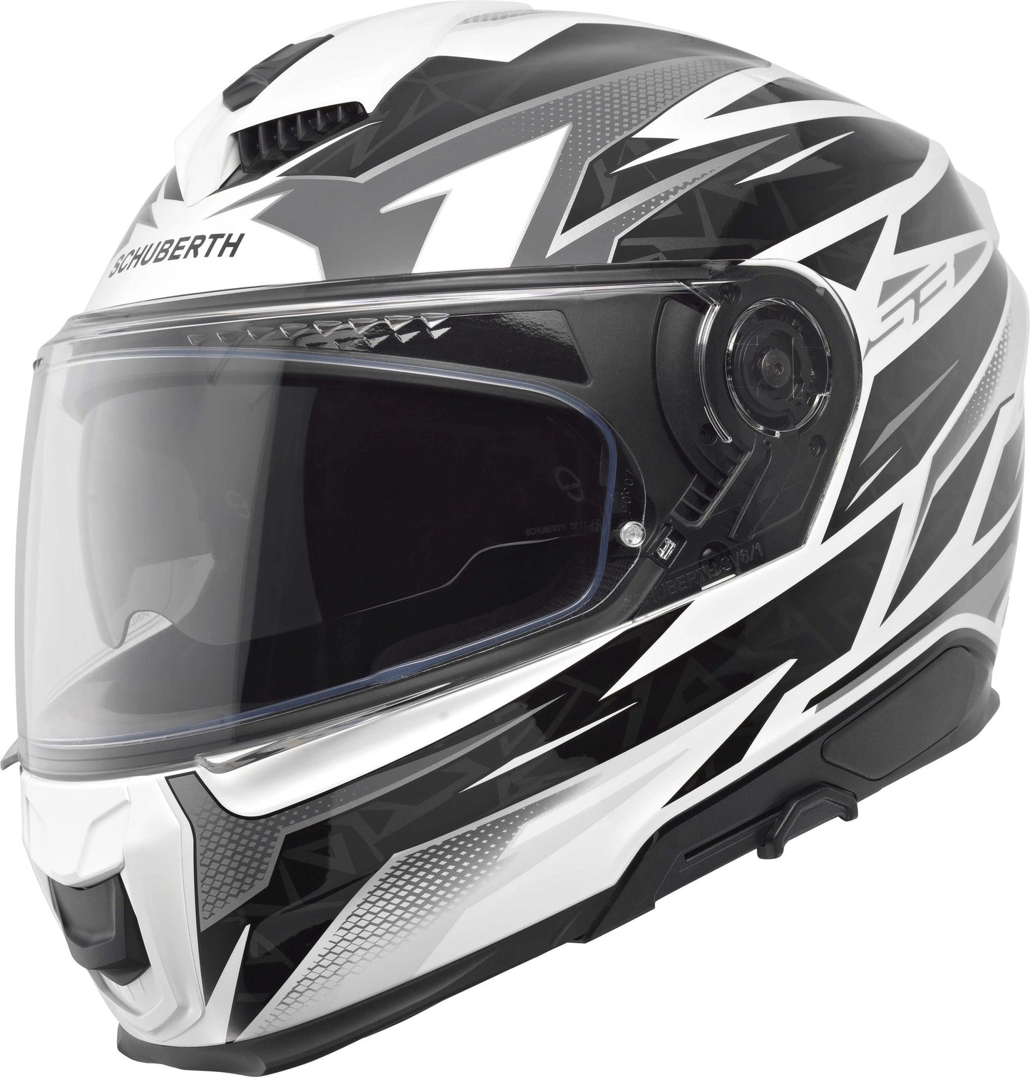 Schuberth S3 Thunder White helmet with bold black-gray graphics and clear visor