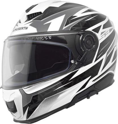 Schuberth Helmet S3 Thunder White, white and black graphic full-face motorcycle helmet with clear visor