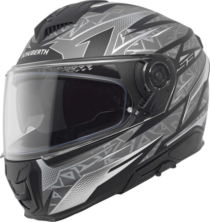 Schuberth S3 helmet in Thunder Grey with geometric graphics and a clear visor