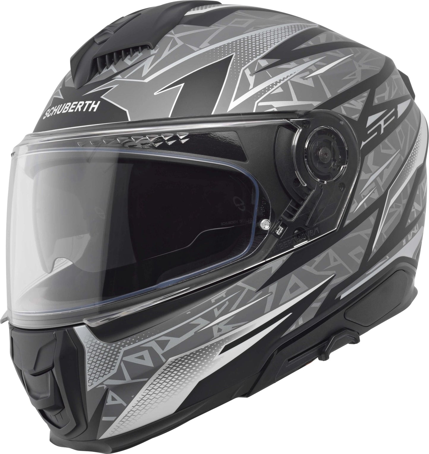 Schuberth S3 Thunder Grey motorcycle helmet with geometric grey graphics and clear visor