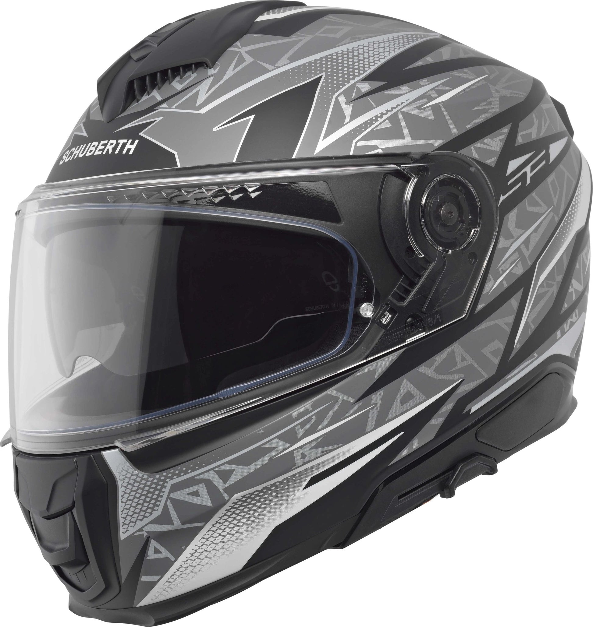 Schuberth S3 Thunder Grey motorcycle helmet with geometric graphics and clear visor