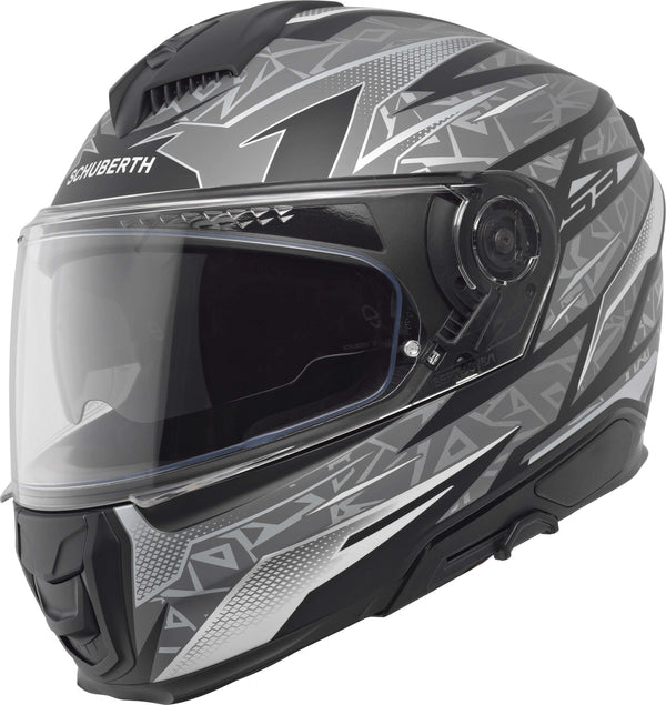 Schuberth S3 Thunder Grey motorcycle helmet with geometric graphics and clear visor