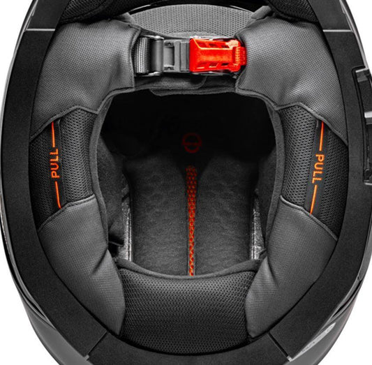 Schuberth neck pad S3 inside helmet with black/gray padding and orange pull tabs