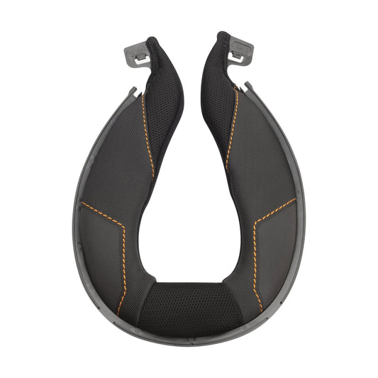 Schuberth J2 neck pad, black with orange stitching and grey edging, breathable mesh panels.