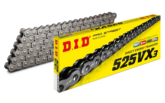 D.I.D 525VX3 chain with rivet-type connecting link on a bright yellow box; silver and black chains visible.