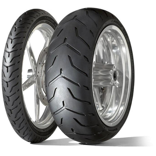 Two Dunlop D408F front motorcycle tires, 130/80B17 65H TL, with chrome rims