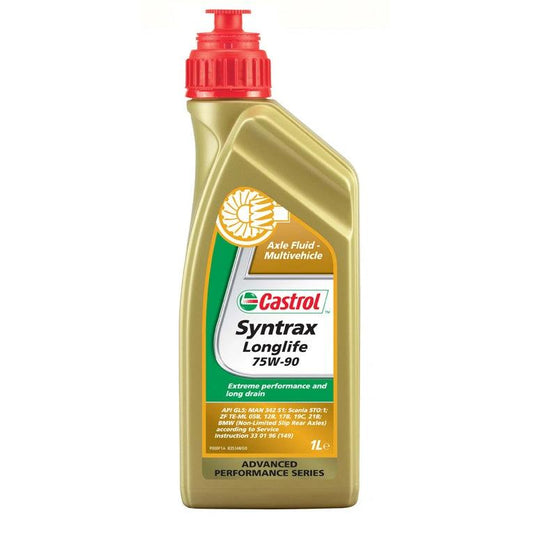 Castrol Syntrax Longlife 75W-90 axle fluid for multivehicle use, gold bottle with red cap