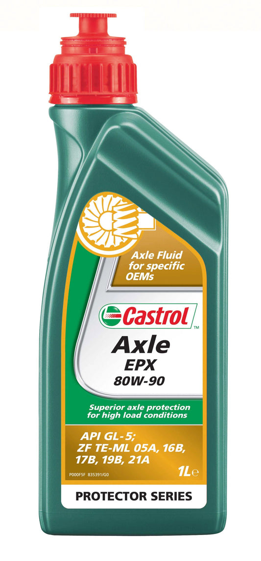 Castrol Axle EPX 80W-90 axle fluid bottle, green plastic container with red cap, 1L