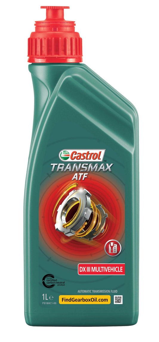 Castrol Transmax ATF DX III Multivehicle 1L bottle, green plastic container with red cap