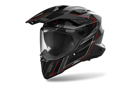 Airoh Commander 2 Carbon full-face helmet with gloss black finish and red accents