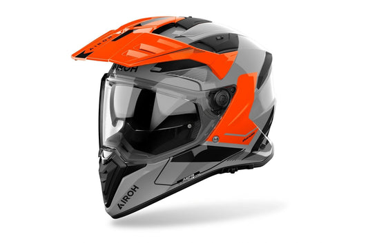 Airoh Bandit Tune helmet in orange gloss with gray graphics and clear visor.