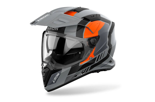 Airoh Bandit Horn orange matte motorcycle helmet with grey and black graphics and clear visor