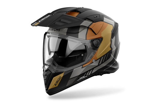 Airoh Bandit Horn gold matt full-face motorcycle helmet with clear visor and black/gray geometric graphics