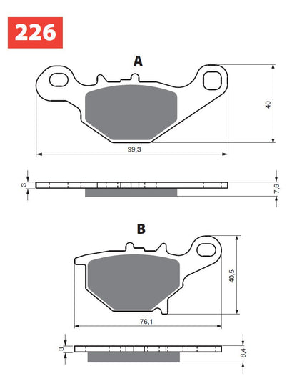 Technische illustratie: GOLDFREN Brake Pads 226 Ceramic Carbon K1 – 226 K1; uitvoering volgens artikelgegevens