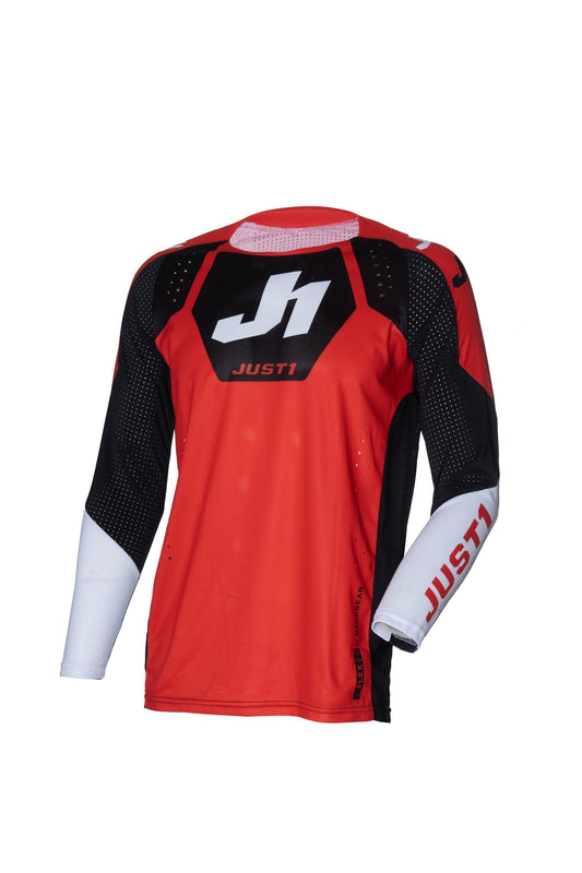 Just1 J-Flex 2.0 jersey; red/black/white with perforated sleeves and large J1 logo on back