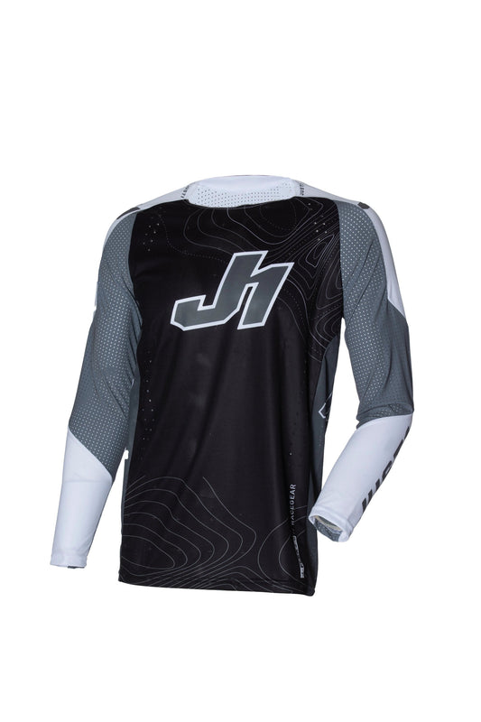 Just1 J-Flex 2.0 Frontier long-sleeve jersey, black/white colorway with large Just1 logo.